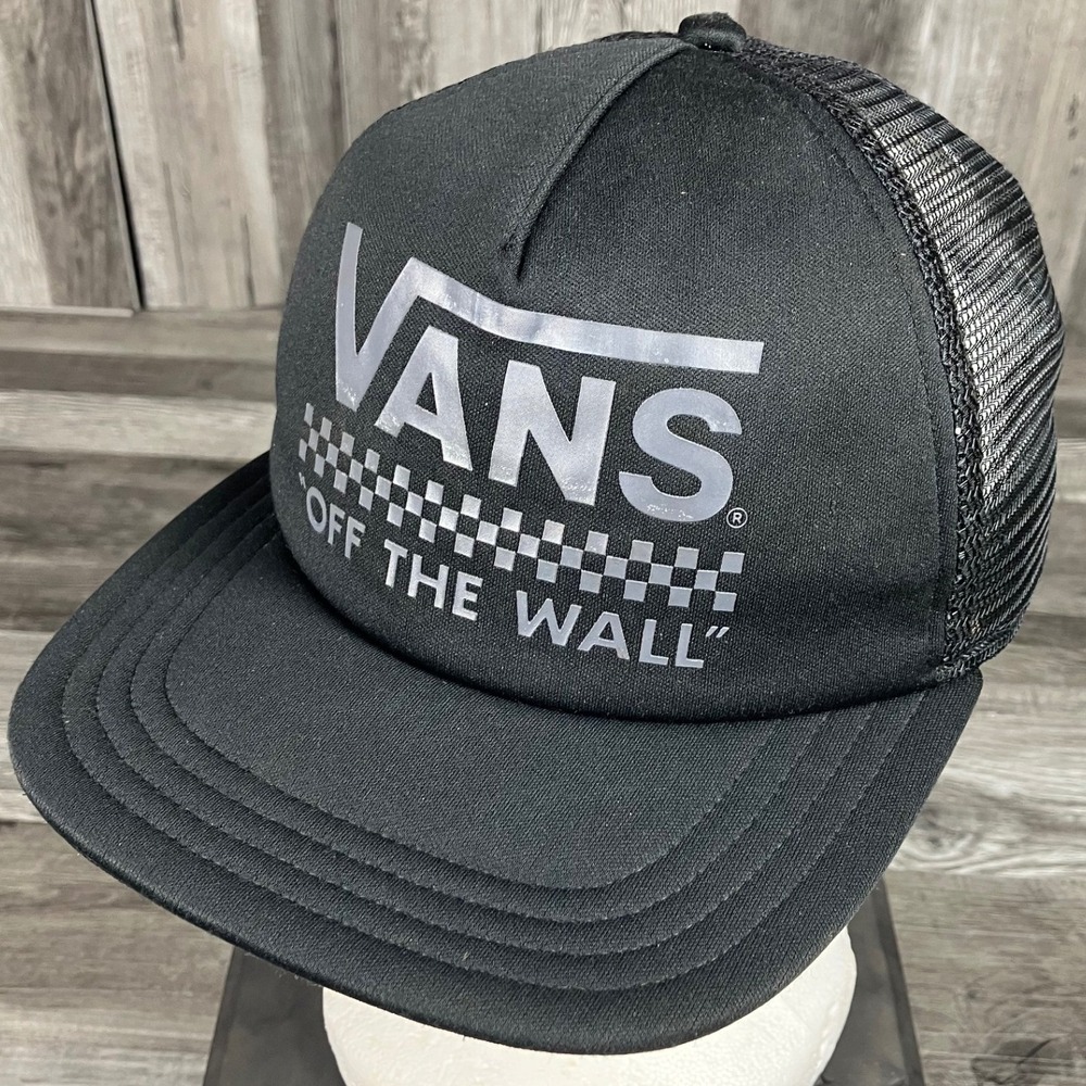 Vans Off The Wall Black Trucker Hat Mesh Snapback Checkerboard Logo Cap
